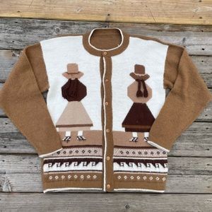 Vintage 70s Handmade Two Women Hair Tassels Wool Blend Cardigan Sweater